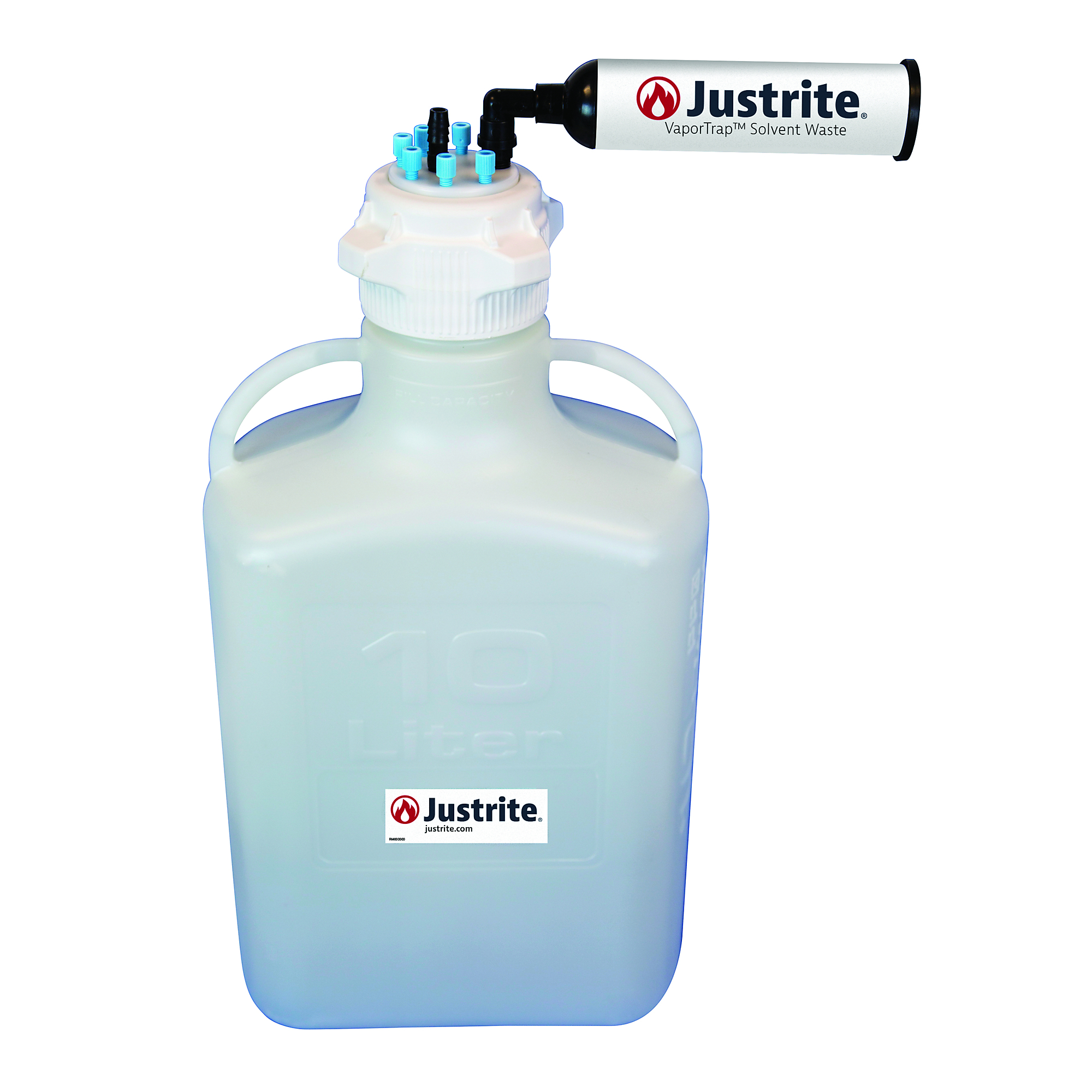 Justrite VaporTrap Carboy with Filter Kit — 10 Liter, HDPE, 83mm Cap, 6 Ports 1/8in. Tubing, 1 Port 1/4in. or 3/8in. Hose Barb, Model# 12807